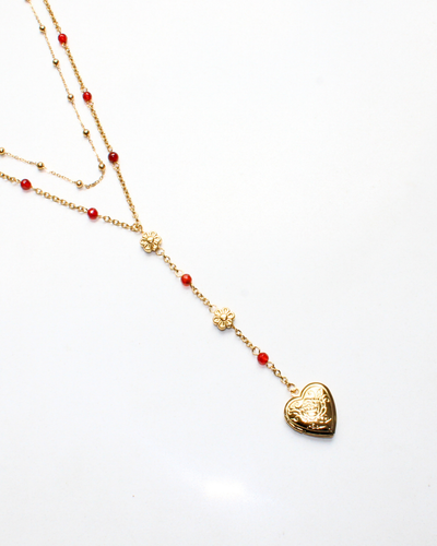 COLLAR DOBLE CON PEPITAS ROJAS Y CORAZON