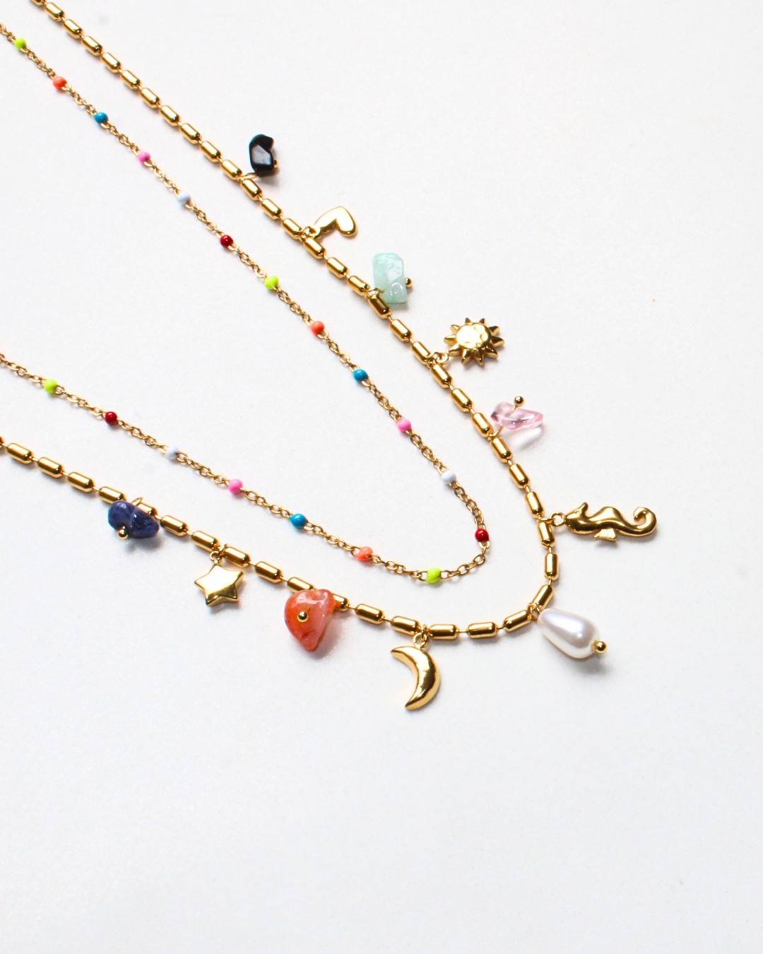 COLLAR DOBLE CON PEPAS Y CHARMS DE COLORES