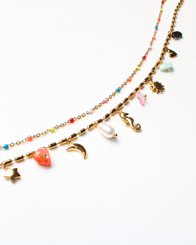 COLLAR DOBLE CON PEPAS Y CHARMS DE COLORES
