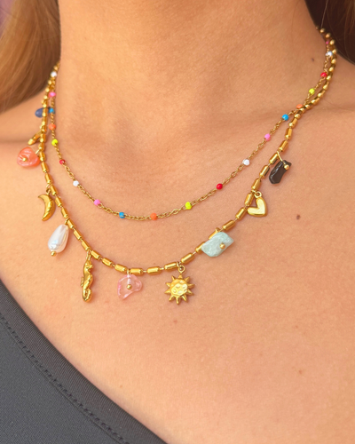 COLLAR DOBLE CON PEPAS Y CHARMS DE COLORES