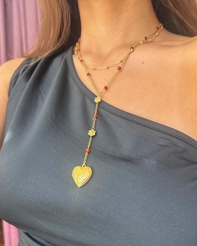 COLLAR DOBLE CON PEPITAS ROJAS Y CORAZON